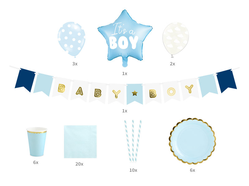 Alles für die coole Babyparty. Die Partybox mit der Dekoration für die Babyshower Party. Dekorieren sie in hellblau.  Inhalt: 1 x Girlande 1 x Folienballon Herz 5 x Gummiballone 10 x Strohhalem 20 x Servietten 6 x Partyteller 6 x Partybecher