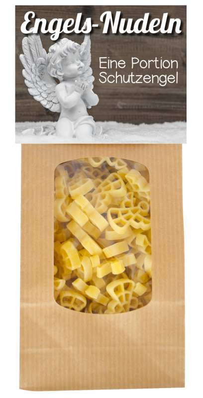 Mit dem Spruch: Engels Nudeln – eine Portion Schutzengel. Die beliebten Engel Teigwaren in einer schönen Geschenkpackung. Am Naturbeutel ist eine Etikette angebracht. Vorderseite mit Sprüchen, Rückseite mit einem feinen Pasta Rezept m