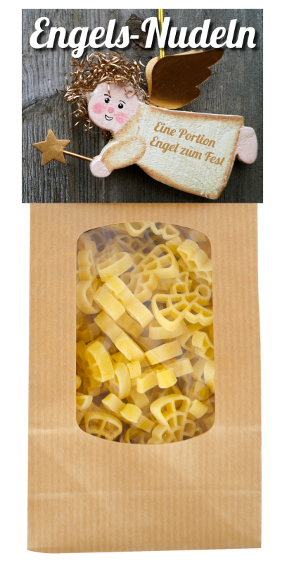 Mit dem Spruch: Engels Nudeln – eine Portion Engel zum Fest. Die beliebten Engel Teigwaren in einer schönen Geschenkpackung. Am Naturbeutel ist eine Etikette angebracht. Vorderseite mit Sprüchen, Rückseite mit einem feinen Pasta Rezep