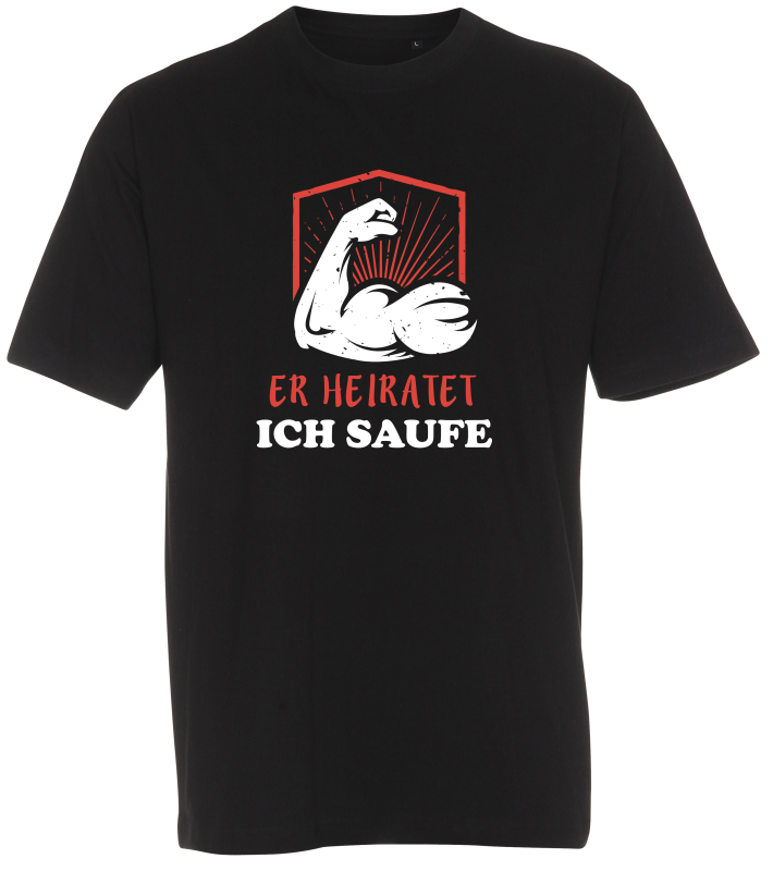 Er heiratet, ich saufe! Wir lassen die Muskeln und den Bizeps spielen! Das lustige Polterabend T-Shirt für die Freunde des Bräutigams. Das farbige Sujet-Motiv passt perfekt für die Gefolgschaft beim Junggesellen Abschied.  Für den Bräutigam und seine Koll