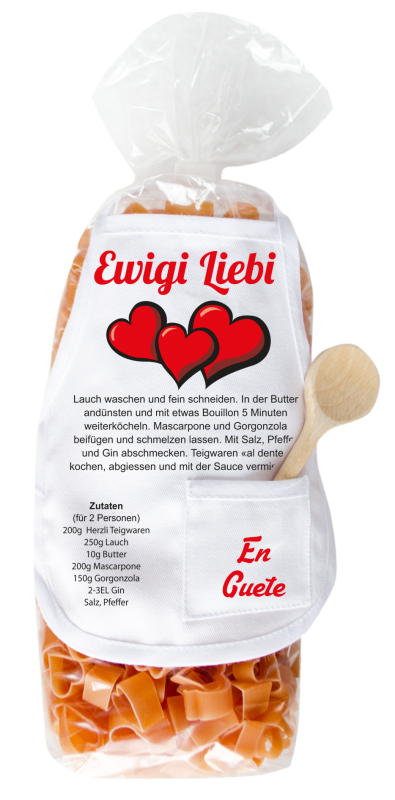 Mit dem Spruch: Ewige Liebe. Die beliebten und lustigen Herz Teigwaren. Als Geschenk mit einer kleinen Mini-Schürze und einem herzigen Holzlöffeli. Inklusive Rezept auf Schürzchen. Nudeln hergestellt in der Schweiz. Pasta in Herzform, 400 g