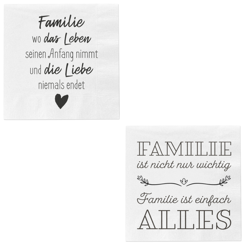 Familie, wo das Leben seinen Anfang nimmt und die Liebe niemals endet. Familie ist nicht nur wichtig. Familie ist einfach alles.  Set mit 2 Packungen Servietten. Papierservietten für eine schöne Tischdekoration. Biologisch abbaubar. Umweltfreundlich. 3-la