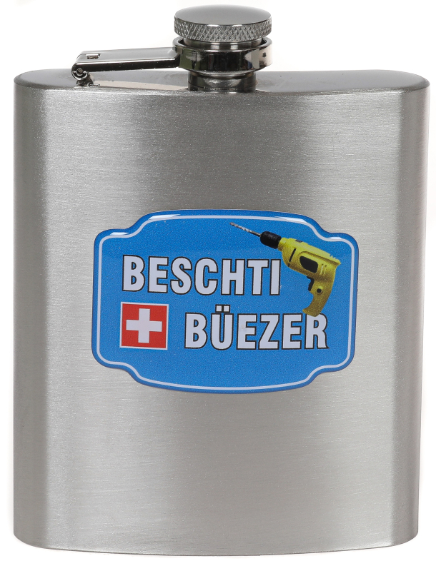 BESCHTI BÜEZER. ​Ein Flachmann für den Schnaps zwischendurch. Mit diesem Edelstahl Flachmann sind beispielsweise Handwerker und Heimwerker auch unterwegs bestens ausgerüstet. Ein lustiges Geschenk für Männer, die gerne handwerken. Der Flachmann ist mit ei