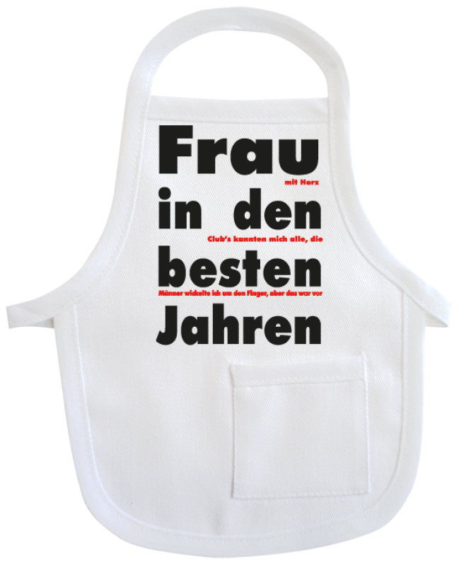 Frau in den besten Jahren. Kleine Schürze aus Baumwolle. Zum Umhängen an Flaschen oder Geschenke.