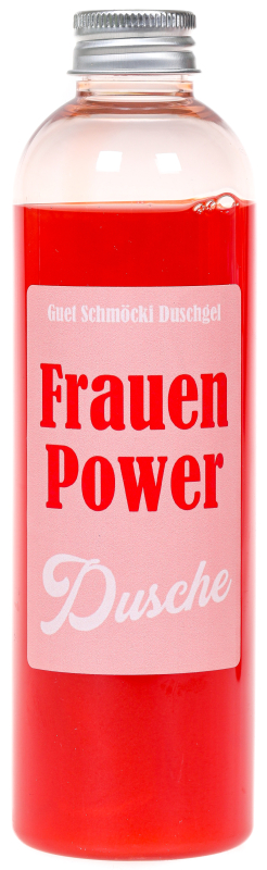 Frauenpower. Das lustige Frauen Duschmittel. Damit kann sich die Frau unter der Dusche einseifen. Die Shampoo Flasche ist meinem lustigen Spruch bedruckt. Ideal als witziges Geschenk für Frauen zum Geburtstag oder als Weihnachtsgeschenk. Aroma Duschgel in