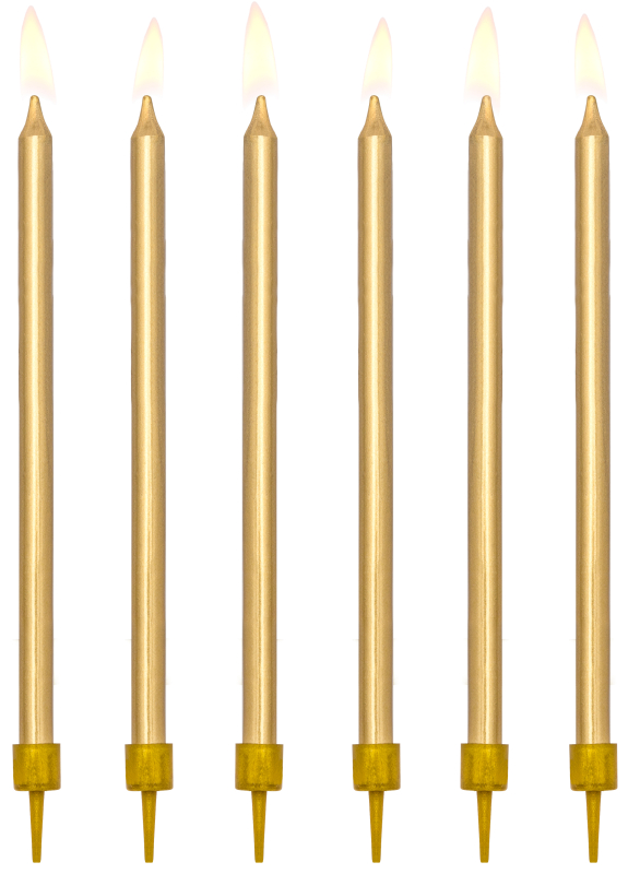 Elegante feine und schlanke Tortenkerzen in gold Die modernen Geburtstags Kerzen werden mit Halter geliefert. Die Kuchenkerzen sind 14 cm hoch und machen sich besonders gut zum Geburstag auf dem Kuchen oder der Torte. 12 Kerzchen in einer Packung.