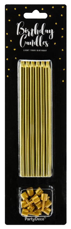 Elegante feine und schlanke Tortenkerzen in gold Die modernen Geburtstags Kerzen werden mit Halter geliefert. Die Kuchenkerzen sind 14 cm hoch und machen sich besonders gut zum Geburstag auf dem Kuchen oder der Torte. 12 Kerzchen in einer Packung.