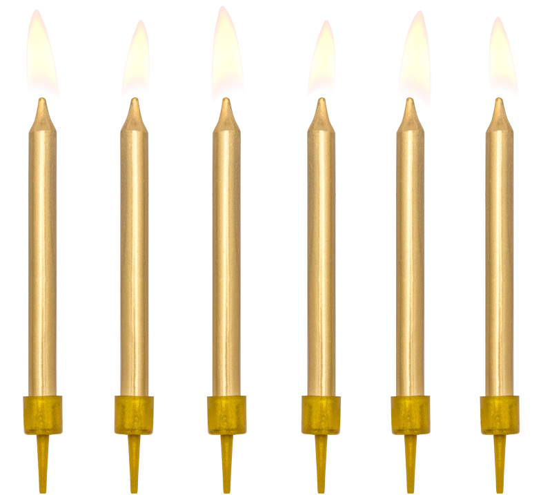 Die edlen Tortenkerzen in der Farbe GOLD. Die Kerzen sind schlank, haben eine glatte Oberfläche und passen in jede schöne Torte und Kuchen. Ideal auch als Geburtstagskerzen im Geburtstagskuchen. 6 Stück in einer Packung, inklusive Stecker, Länge: 6 cm