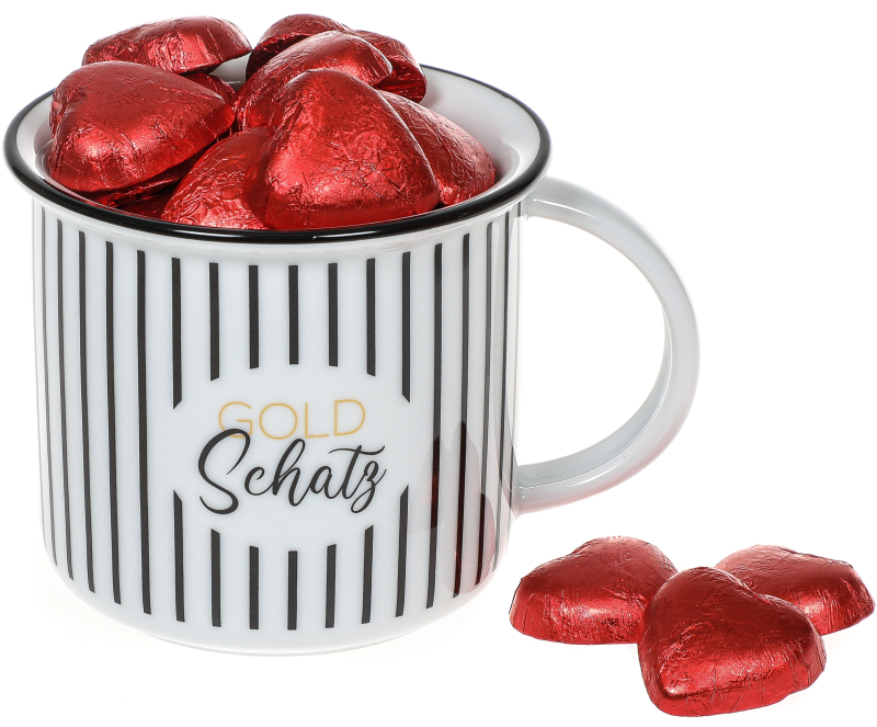 Tasse mit dem Aufdruck Goldschatz. Ein schönes Geschenk zum Valentinstag, zum Muttertag oder einfach als Liebesgeschenk für deinen Schatz. Wenn du möchtest, können wir dir diesen Keramikbecher auch mit Schokoladenherzen füllen und mit Folie und einer Masc