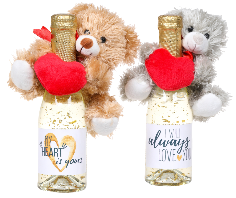 Zwei Goldsekt Flaschen (2 dl) mit je einem kleinen Plüschbär. Die kleinen Prosecco beinhalten echtes Blattgold. Kleine Geschenke erhalten die Freundschaft oder die Liebe. Der edle Sekt mit viel Gold drin!  Lieferumfang: 2 Flaschen mit je einem Liebesbären