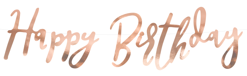 Roségoldener Schriftzug Buchstaben Girlande zum Geburtstag. Aufschrift: HAPPY BIRTHDAY. Mit dieser roségold Banner Girlande kann jede Geburtstagparty elegant geschmückt werden. Eine Dekoration, die einfach an einer kleinen Wand oder an eine Tür gehängt we