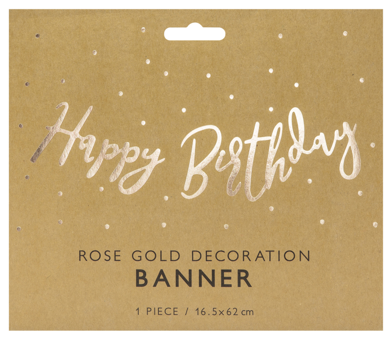 Roségoldener Schriftzug Buchstaben Girlande zum Geburtstag. Aufschrift: HAPPY BIRTHDAY. Mit dieser roségold Banner Girlande kann jede Geburtstagparty elegant geschmückt werden. Eine Dekoration, die einfach an einer kleinen Wand oder an eine Tür gehängt we