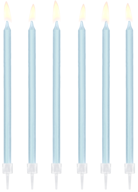 Elegante feine und schlanke Tortenkerzen in hellblau. Die modernen Geburtstags Kerzen werden mit Halter geliefert. Die Kuchenkerzen sind 14 cm hoch. 12 Kerzchen in einer Packung.