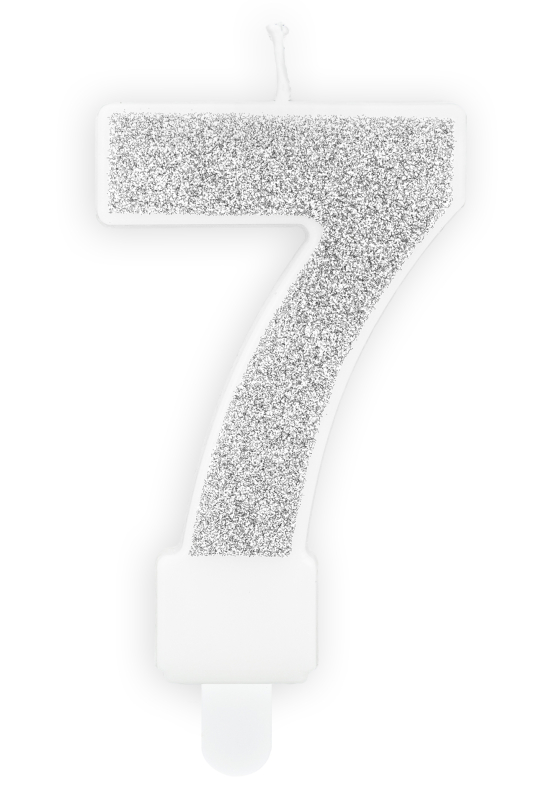 Ziffer Zahl 7. Die silberne Glitter Zahlenkerze zum Geburtstag. Eine schöne glitzernde Geburtstagskerze für auf den Kuchen oder die Torte. Die Kuchenkerzen sind alle inklusive einem Stecker. Tortenkerzen Höhe: ca. 7 cm, Farbe: silber