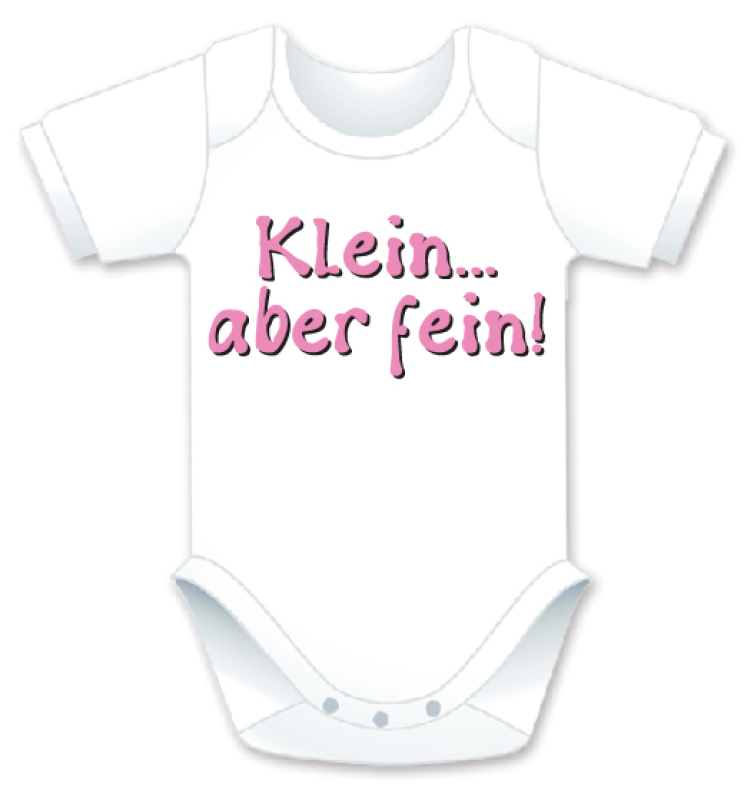 Kurzarm Babybody mit dem Spruch: Klein aber fein. Die grosse Show der herzigen Babybodies. Die Strampler mit den lustigen Sprüchen. Das finden nicht nur die Kleinkinder lustig, sondern vor allem auch die Erwachsenen haben an diesem Geschenk viel Freu