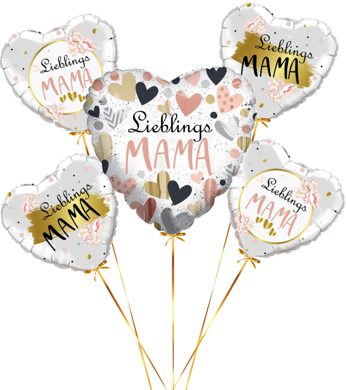 Der Geschenkballon für Muttertag. Der Herzballon mit der Beschriftung Lieblingsmama. Der Folienballon wird mit Heliumgas gefüllt. Wenn das Ballonpaket geöffnet wird, dann fliegt der Herz Ballon aus dem Karton. Natürlich hängen wir noch ein Gewicht dran. E