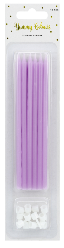 Elegante feine und schlanke Tortenkerzen in violett. Die modernen Geburtstags Kerzen werden mit Halter geliefert. Die Kuchenkerzen sind 14 cm hoch. 12 Kerzchen in einer Packung.