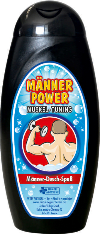 Männer Power Muskel Tuning. Ein Shampoo für Fitness und Krafttraining Sportler. Das perfekte Geschenk für Muskeln und Bodybuilder. Damit kann sich der Mann unter der Dusche einseifen. Die Shampoo Flasche ist einem lustigen Spruch bedruckt. Ideal als witzi