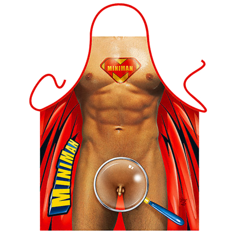 Mini Man. Superman mit dem kleinen Penis. Dazu braucht es sogar eine Lupe. Die lustige und sexy Kochschürze / Grillschürze. Ein Geschenk zum Geburtstag, zur Hochzeit (Braut und Bräutigam), Polterabend oder einfach als witziger Gag für