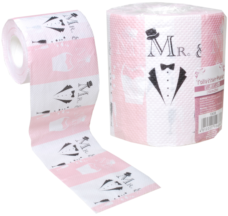 Das Hochzeit Toilettenpapier für Hochzeitspaare. Das WC-Papier mit dem Aufruck Mr & Mrs ist ein schönes Hochzeitsgeschenk. Mit diesem Geschenk überrascht ihr das Hochzeitspaar. Das Klopapier ist ein witziges Geschenk, dass alle brauchen können. Optimal au