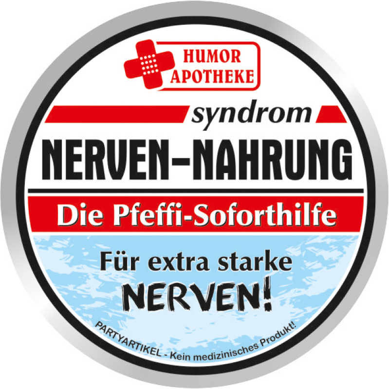 Syndrom Nervennahrung. Die Soforthilfe für starke Nerven. Antistress Pillen mit viel Zucker zum Naschen. Die erfrischenden Pfefferminz Bonbons in der Blechdose sind bekannt aus der lustigen Humor Apotheke. Eine witzige Geschenkidee für Frauen und Männer, 