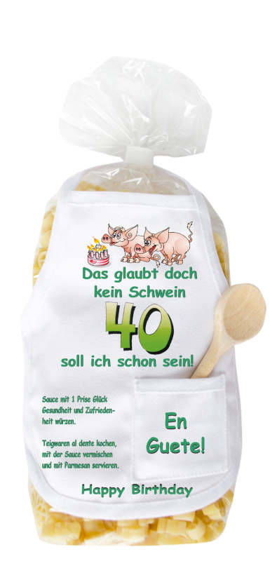 Mit dem Spruch: Das glaubt doch kein Schwein, 40 soll ich schon sein. Für den Geburtstag. Die beliebten und lustigen Zahlen Teigwaren. Als Geschenk mit einer kleinen Mini-Schürze und einem herzigen Holzlöffeli. Inklusive Rezept auf Schü