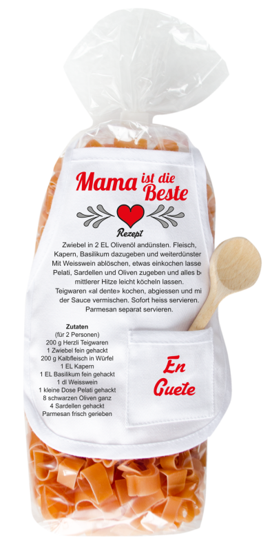 Mit dem Spruch: Mama ist die Beste. Ideal für den Muttertag, zum Geburtstag oder auf Weihnachten. Die beliebten und lustigen Herz Teigwaren. Als Geschenk mit einer kleinen Mini-Schürze und einem herzigen Holzlöffeli. Inklusive Rezept auf Schürzchen. Nudel