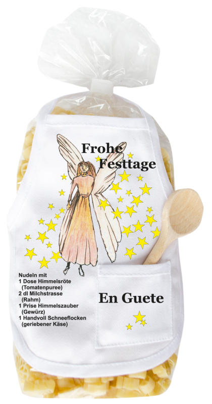 Frohe Festtage. Die schöne Teigwaren-Geschenkpackung mit Mini-Schürzli und Mini-Holzkelle. Gefüllt mit Engelsnudeln (400 g). Teigwaren hergestellt in der Schweiz. Das Schürzli ist mit einem feinen Weihnachtsrezept bedruckt.