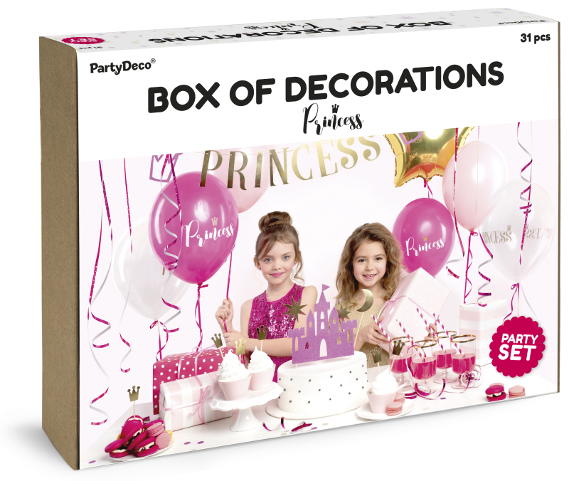 Jetzt deine Geburstag Dekoration in einer Box. Alles was du brauchst, um einen coolen Kindergeburtstag zu feiern. Das Thema lautet Prinzessin! Alles für eine coole Geburtstagsparty. Ein Deko Set für die Kinderparty. In dieser Dekorations Box ist alles ent
