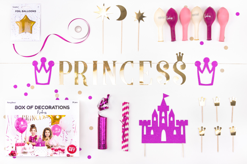 Jetzt deine Geburstag Dekoration in einer Box. Alles was du brauchst, um einen coolen Kindergeburtstag zu feiern. Das Thema lautet Prinzessin! Alles für eine coole Geburtstagsparty. Ein Deko Set für die Kinderparty. In dieser Dekorations Box ist alles ent