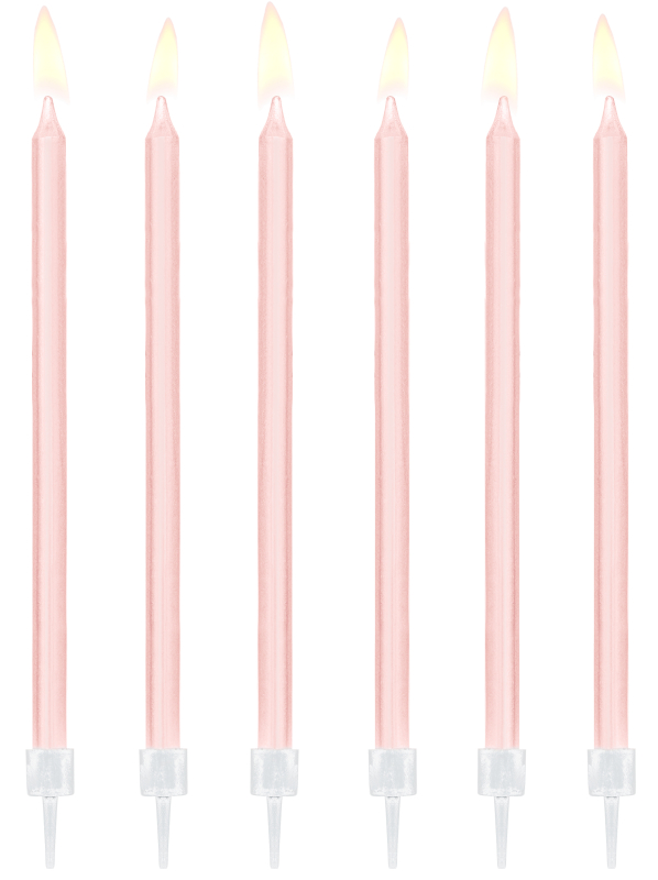Elegante feine und schlanke Tortenkerzen in rosa. Die modernen Geburtstags Kerzen werden mit Halter geliefert. Die Kuchenkerzen sind 14 cm hoch. 12 Kerzchen in einer Packung.