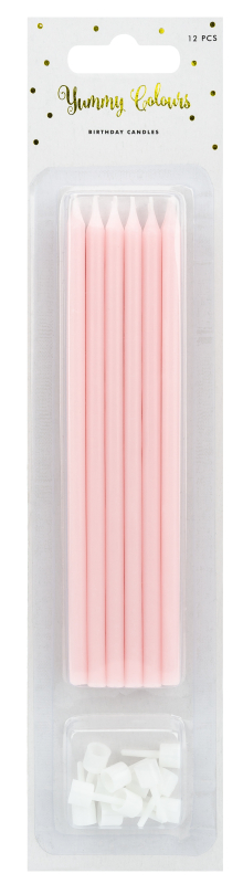 Elegante feine und schlanke Tortenkerzen in rosa. Die modernen Geburtstags Kerzen werden mit Halter geliefert. Die Kuchenkerzen sind 14 cm hoch. 12 Kerzchen in einer Packung.