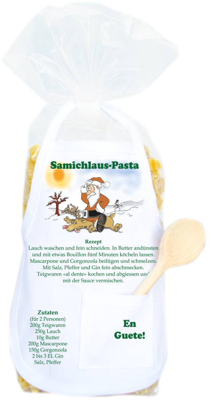 Die schöne Teigwaren-Geschenkpackung mit Mini-Schürzli und Mini-Holzkelle. Gefüllt mit Engelsnudeln (400 g). Teigwaren hergestellt in der Schweiz. Das Schürzli ist mit einem feinem Weihnachtsrezept bedruckt.