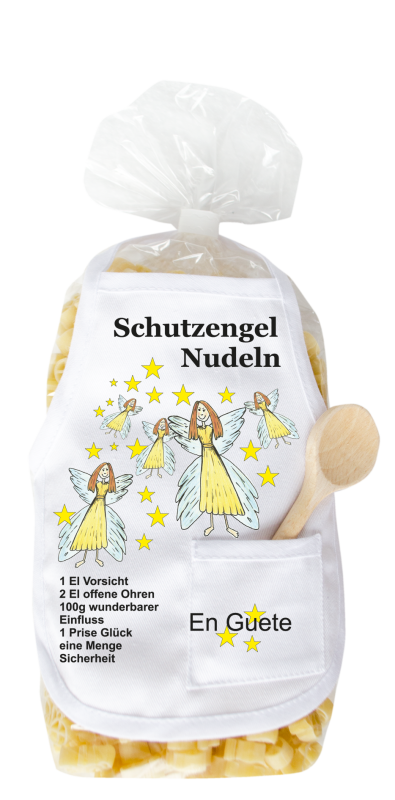 Mit dem Spruch: Schutzengel Nudeln. Die beliebten und lustigen Engel Teigwaren. Als Geschenk mit einer kleinen Mini-Schürze und einem herzigen Holzlöffeli. Inklusive Rezept auf Schürzchen. Nudeln hergestellt in der Schweiz. Pasta in Engelfo