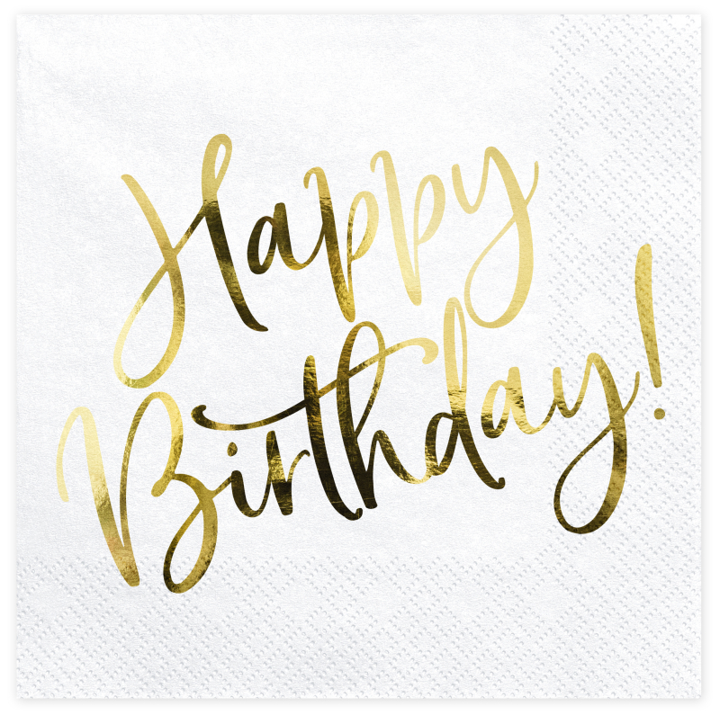 Die moderne Geburtstags Serviette mit dem glänzenden Schriftzug HAPPY BIRTHDAY in der Farbe gold. Passend zu jeder Geburtstagsparty mit dem Thema gold. Schöne Tischdekoration zum Geburtstag. 3-lagig, chlorfrei gebleicht, Farben auf Wasserbasis. 1 Packung 