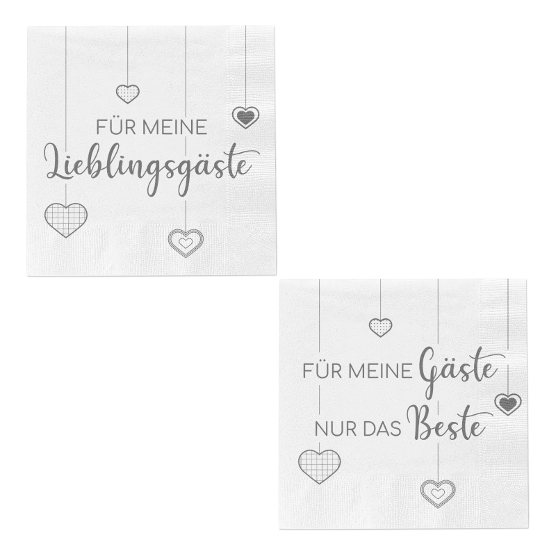 Servietten im 2er-Set. Ein Motiv lautet FÜR MEINE LIEBLINGSGÄSTE. Das andere Motiv lautet mit Spruch FÜR MEINE GÄSTE NUR DAS BESTE. Für eine schöne Tischdekoration, wenn Gäste vorbeikommen.  2 Packungen Servietten. Biologisch abbaubar. Umweltfreundlich. 3