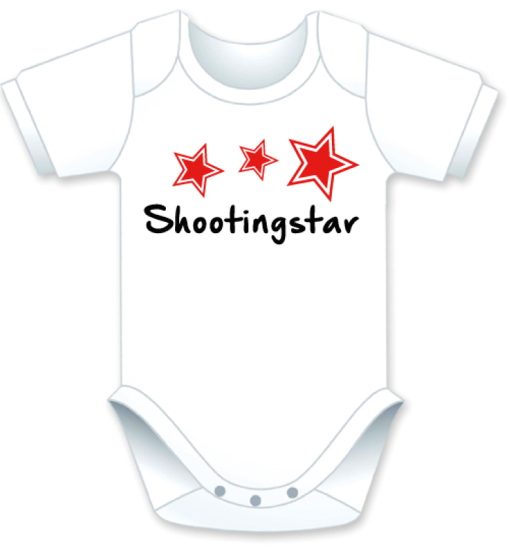 Kurzarm Babybody mit dem Spruch: Shootingstar. Die grosse Show der herzigen Babybodies. Die Strampler mit den lustigen Sprüchen. Das finden nicht nur die Kleinkinder lustig, sondern vor allem auch die Erwachsenen haben an diesem Geschenk viel Freude.