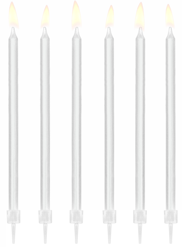 Die edlen Tortenkerzen in der Farbe SILBER. Die Kerzen sind schlank, haben eine glatte Oberfläche und passen in jede schöne Torte und Kuchen. Ideal auch als Geburtstagskerzen im Geburtstagskuchen. 6 Stück in einer Packung, inklusive Stecker, Länge: 6 cm