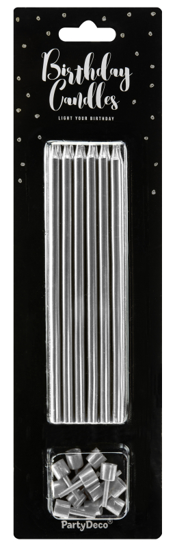 Die edlen und schlanken Tortenkerzen in der Farbe SILBER. Die Kerzen sind extra lang und passen in jede schöne Torte und Kuchen. Ideal auch als schlanke Geburtstagskerze im Geburtstagskuchen. 12 Stück in einer Packung, inklusive Stecker, Länge: 12,5 cm