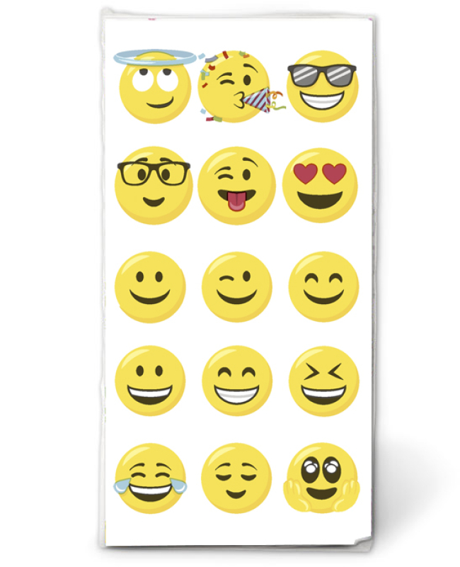 Smileys und Emojis auf dem Nastuch. Die lustigen bedruckten Taschentücher sind ein witziges Geschenk. Ein Nastuch ist allzeit ein guter Begleiter bei laufender Nase. Wirkt nicht nur bei Schnupfen und Erkältung, sondern sorgt mit lustigen Sprüchen auch für