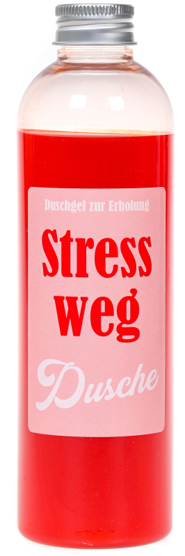 Stress weg Duschmittel. Das lustige Frauen Duschmittel als Geschenk gegen Anti Stress und mehr Nerven. Damit kann sich die Frau unter der Dusche einseifen. Die Shampoo Flasche ist meinem lustigen Spruch bedruckt. Ideal als witziges Geschenk für Frauen zum