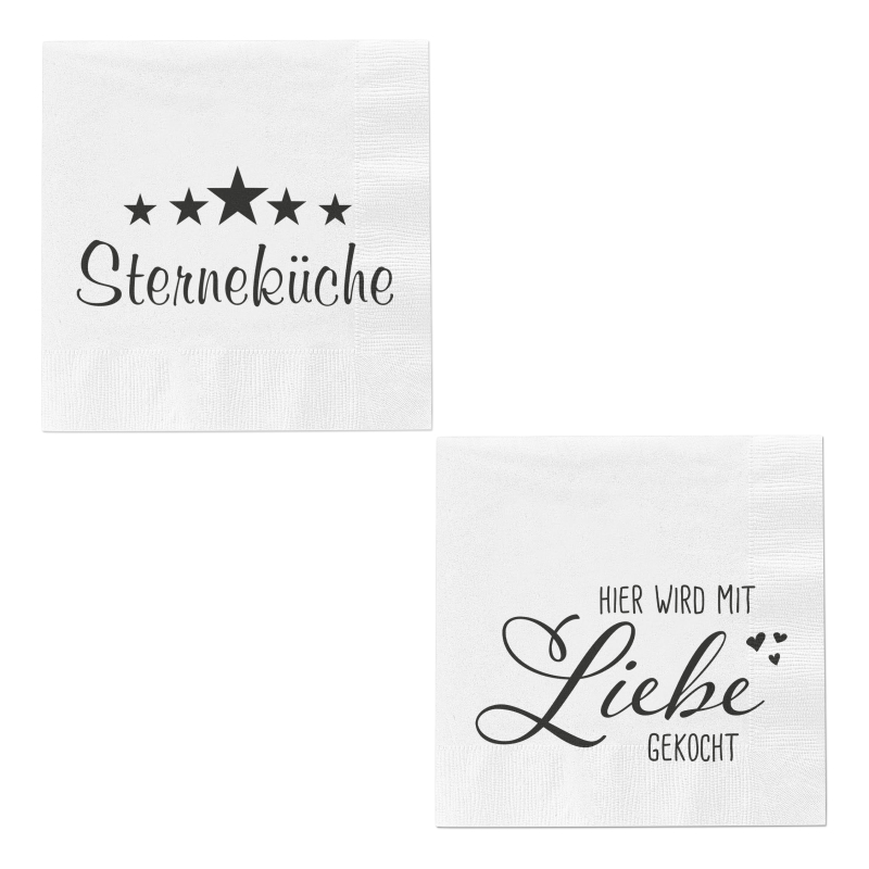 Sterneküche. ​Hier wird mit Liebe gekocht.  Set mit 2 Packungen Servietten. Papierservietten für eine schöne Tischdekoration. Biologisch abbaubar. Umweltfreundlich. 3-lagig. 1 Packung enthält 20 Servietten.  33 x 33 cm.