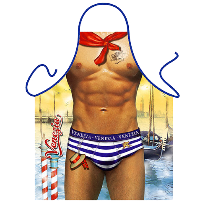 Gondoliere aus Venedig. Nur mit einer Unterhose bekleidet zeigt der Venezia Boy sich von seiner besten Seite. Ein Body mit Tattoo. Die lustige und sexy Kochschürze / Grillschürze. Ein Geschenk zum Geburtstag, zur Hochzeit (Braut und Bräutig