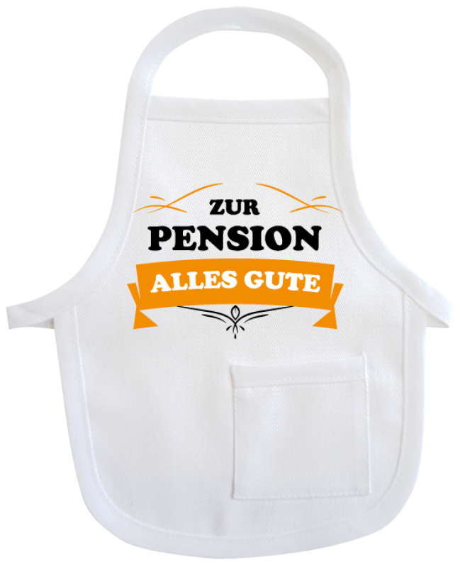 Ein kleines Geschenk zur Pension, Pensionierung, zum Ruhestand. Zum Abschied eine Mini Schürze aus Baumwolle. Zum Umhängen an Flaschen oder Geschenke. Ideal für Geburtstag oder Jubiläum.