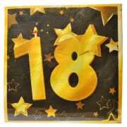 Happy Birthday, Servietten zum 18. Geburtstag. Mit der Zahl 18 aufgedruckt auf die Papierservietten. Die Serviette ist im beliebten Design mit den Farben schwarz und gold. Eignet sich für eine schöne Tischdekoration bei der Geburtstagsparty.   Inhalt: 20 