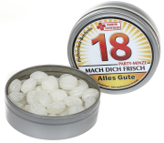 18 Jahre, Happy Birthday! Alles Gute zum Geburtstag. Mit dem Spruch PARTY-MINZE, MACH DICH FRISCH. Die erfrischenden Pfefferminz Bonbons in der runden Dose sind ein Produkt aus der bekannten Humor Apotheke. Ein lustiges und witziges Geburtstags Geschenk f