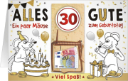 Happy Birthday zum 30. Geburtstag. Dies ist eine besondere goldene Glückwunschkarte. Die Karte kann aufgeklappt werden, um dort den Glückwunsch Text reinzuschreiben. Speziell ist, dass vorne auf der Geburtstagskarte noch eine Mäusefalle klebt. In diese ka