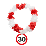 30. Geburtstag Verkehrsschild Verkehrstafel Kette. Die üppige Hawaiikette mit roten und weissen Blumenblättern. Die Jubiläumszahl steht auf einem runden Kartonschild-Anhänger, die unter dem Blüten-Kranz hängt. Die Kette hat eine Einheitsgrösse. Ob zur Fas