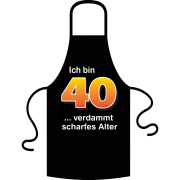 Die Kochschürze zum 40. Geburtstag. Die Küchenschürze mit dem Spruch: ICH BIN 40…  Der Spruch unter der Zahl 40 kann aus verschiedenen Sprüchen ausgewählt werden. So wird die Schürze individuell für Frauen und Männer angepasst. Ein schönes Geschenk zum ru