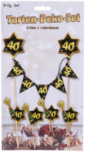 Happy Birthday, alle Gute zum 40. Geburtstag. Partydekoration in den Farben SCHWARZ und GOLD.  Mit dieser Torten Dekoration dekorieren sie jeden Kuchen. Das Set enthält eine Mini-Girlande und 8 kleine Zahnstocher-Fähnchen. Dekorieren Sie den Geburtstagsku